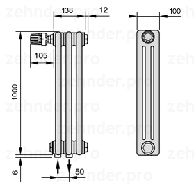 Схема (чертеж) Радиатор Zehnder Charleston 3100/3 №V007 Белый глянцевый RAL 9016